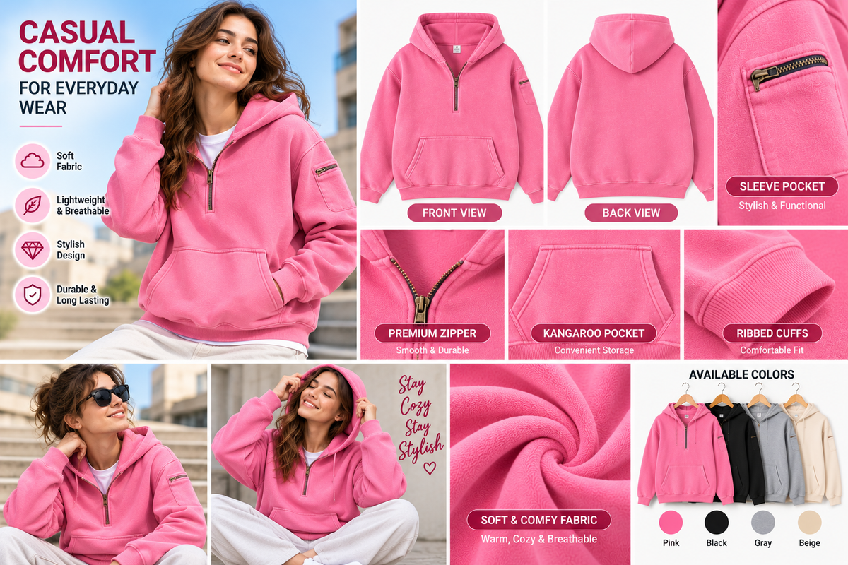 Mens Solid-Color Zip-Up Casual Loose Long-Sleeve Hoodie