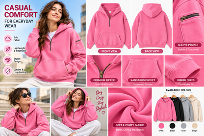 Mens Solid-Color Zip-Up Casual Loose Long-Sleeve Hoodie