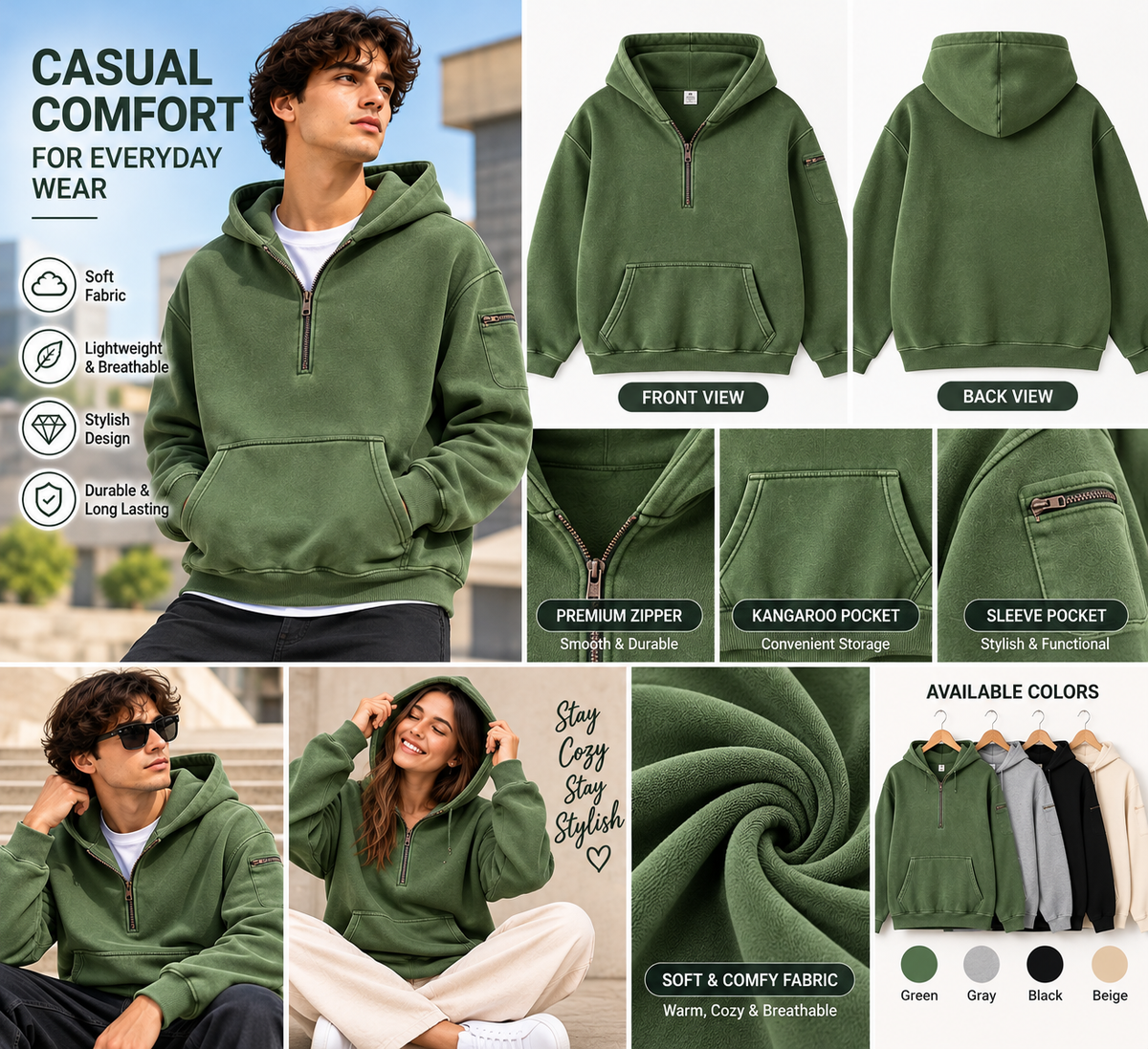 Mens Solid-Color Zip-Up Casual Loose Long-Sleeve Hoodie