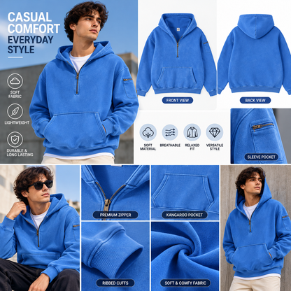 Mens Solid-Color Zip-Up Casual Loose Long-Sleeve Hoodie
