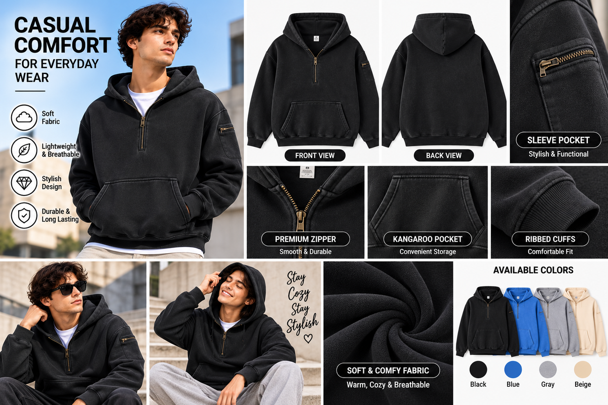 Mens Solid-Color Zip-Up Casual Loose Long-Sleeve Hoodie