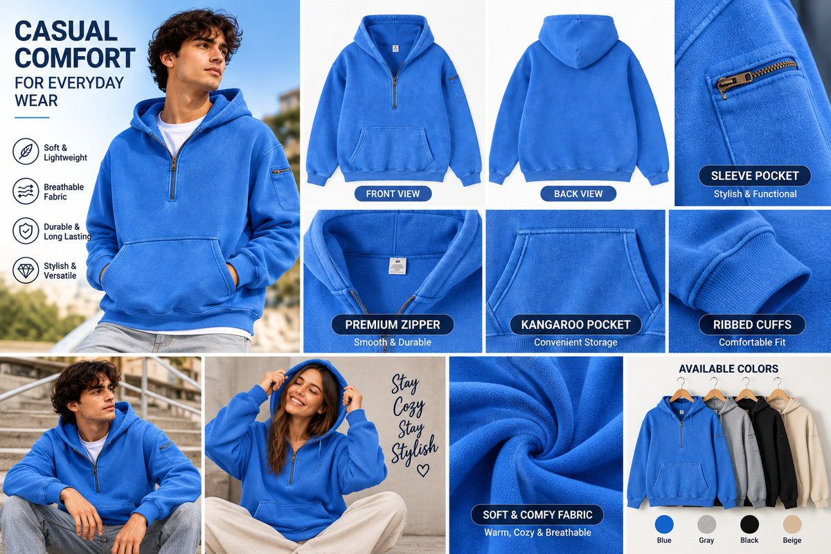 Mens Solid-Color Zip-Up Casual Loose Long-Sleeve Hoodie