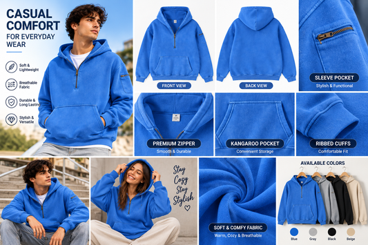 Mens Solid-Color Zip-Up Casual Loose Long-Sleeve Hoodie