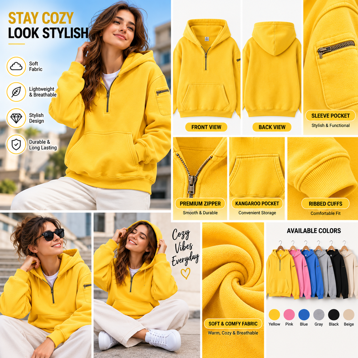 Mens Solid-Color Zip-Up Casual Loose Long-Sleeve Hoodie